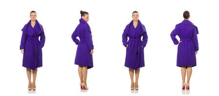 Caucasian model in purple coat isolated on whiteの写真素材