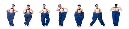 Funny man with trousers isolated on whiteの写真素材