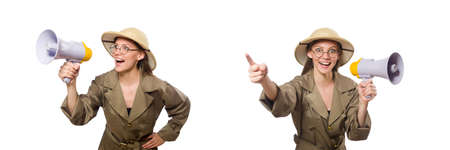Woman wearing safari hat on whiteの写真素材