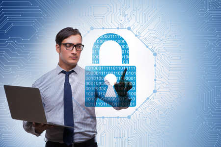 Man in digital security concept pressing buttonの写真素材