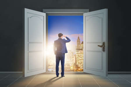 Businessman entering big large doorの写真素材
