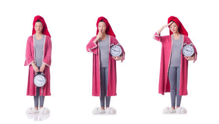 Housewife with clock isolated on whiteの写真素材