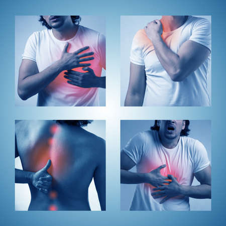 Collage of man suffering from acute painの写真素材