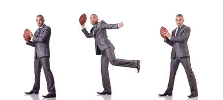 Man with american football ball isolated on whiteの写真素材