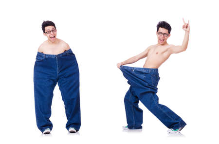 Funny man with trousers isolated on whiteの写真素材