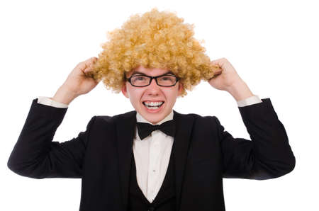 Young man wearing afro wigの写真素材