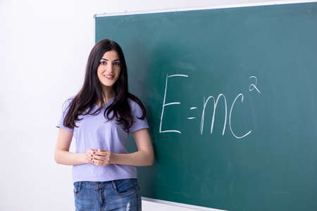 Young female teacher student in front of green boardの写真素材