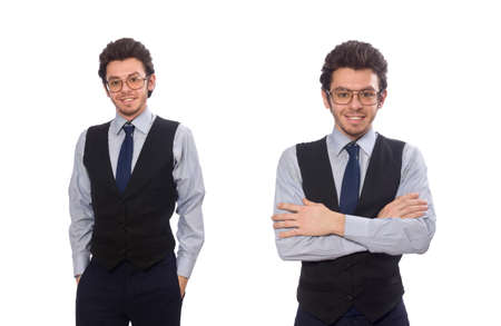 Young businessman in funny concept on whiteの写真素材