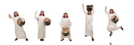 Arab man playing drum isolated on whiteの写真素材