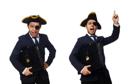 One eyed pirate with briefcase and sword isolated on whiteの写真素材