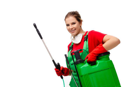 Female pest control contractor isolated on whiteの写真素材