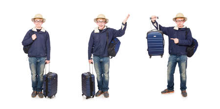 Funny man with luggage wearing safari hatの写真素材