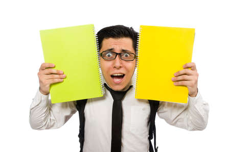 Male student holding notes isolated on whiteの写真素材