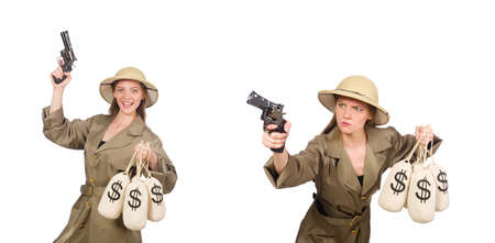 Woman wearing safari hat on whiteの写真素材