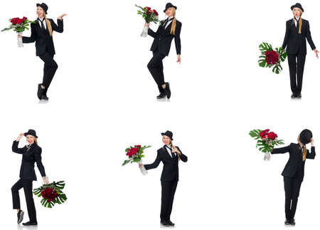 Businesswoman with bunch of flowers isolated on whiteの写真素材