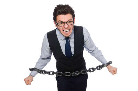 Chained male employee isolated on whiteの写真素材