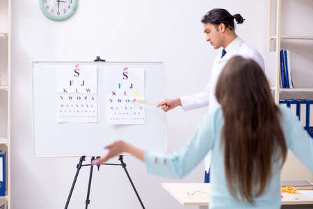 Young woman visiting male doctor oculistの写真素材