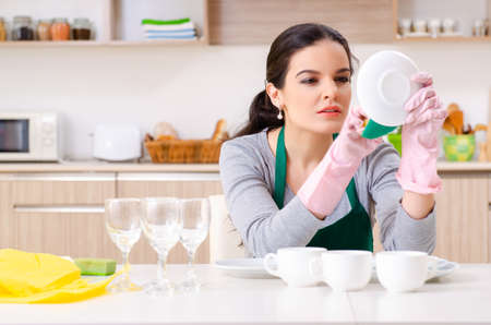 Young female contractor doing houseworkの写真素材