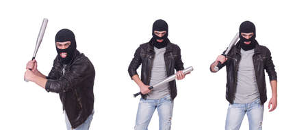 Male hooligan with bat on white