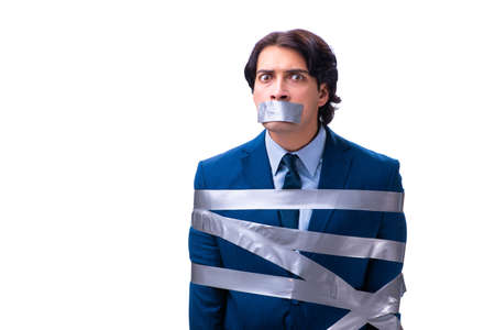 Tied employee with tape on mouth isolated on white background