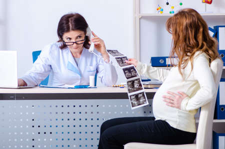 Young pregnant woman visiting experienced doctor gynecologistの写真素材