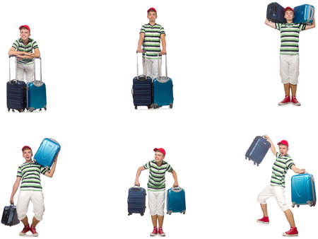 Young man with suitcase isolated on whiteの写真素材