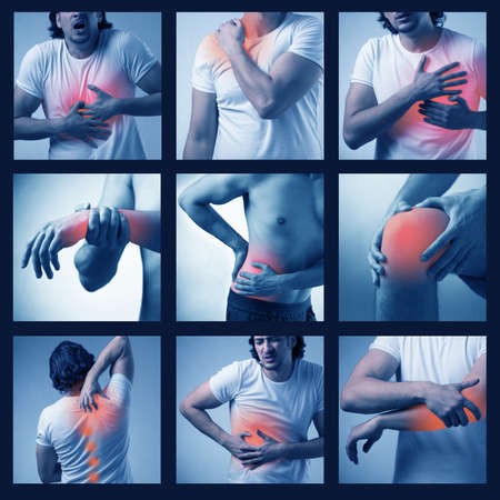 Collage of man suffering from acute painの写真素材