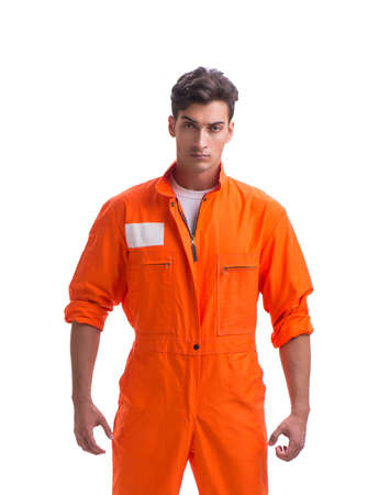Prisoner in orange robe isolated on a white backgroundの写真素材