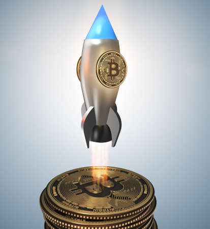 Bitcoins in blockchain cryptocurrency concept - 3 renderingの写真素材
