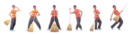 Funny janitor isolated on whiteの写真素材