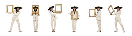 Funny mexican in suit holding photo frame isolated on whiteの写真素材