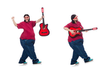Fat man with guitar isolated on whiteの写真素材