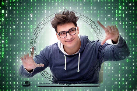 Man in digital security concept pressing button