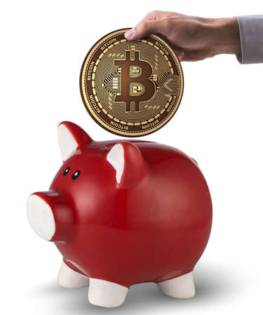 Bitcoin saving with piggybank in business conceptの写真素材