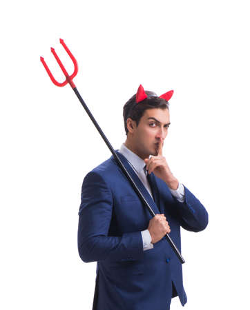 Evil devil businessman with pitchfork isolated on white backgrouの写真素材