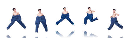 Funny man with trousers isolated on whiteの写真素材