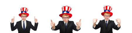 Businessman with american hat isolated on whiteの写真素材