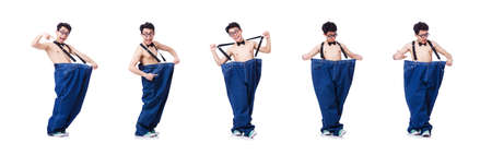 Funny man with trousers isolated on a white backgroundの写真素材