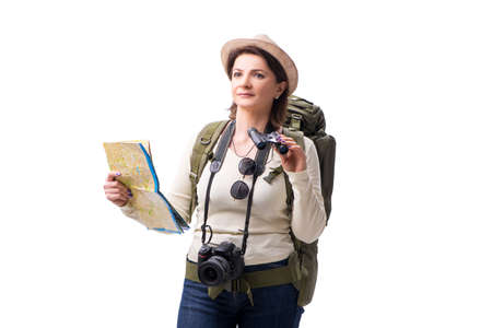 Aged female tourist isolated on whiteの写真素材
