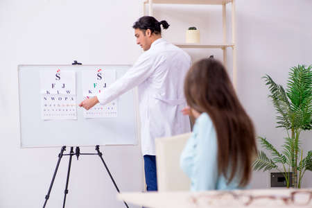 Young woman visiting male doctor oculistの写真素材