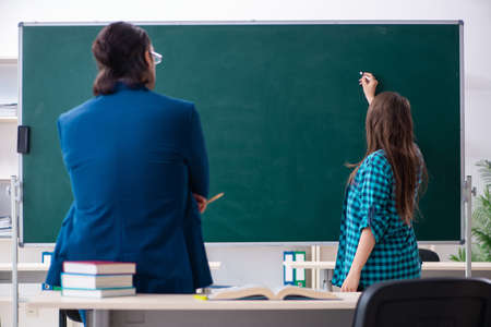 Young handsome teacher and female student in the classroomの写真素材