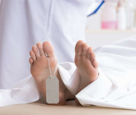 Police coroner examining dead body corpse in morgue