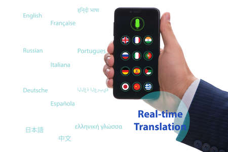 Concept of real time translation with smartphone appの写真素材