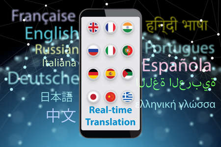 Concept of real time translation with smartphone app - 3d renderの写真素材