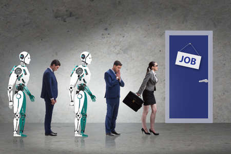 Woman man and robot competing for jobsの写真素材