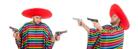 Funny mexican holding pistol isolated on whiteの写真素材