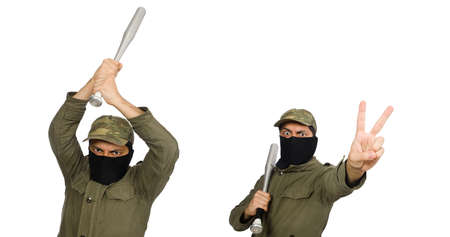 Funny man with baseball bat isolated on white