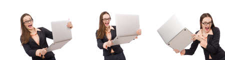 Working lady with laptop isolated on a white backgroundの写真素材