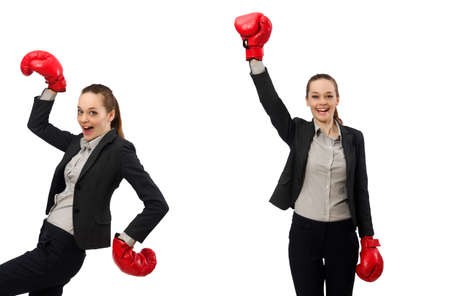 Businesswoman with boxing gloves isolated on whiteの写真素材