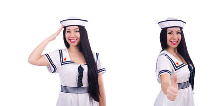 Young airhostess saluting isolated on whiteの写真素材